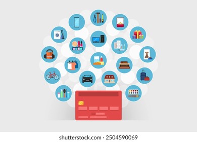 Bank card and potential purchases around it. Concept of money saving and spending for purchase of goods and payment for services, using of family budget, reasonable income distribution