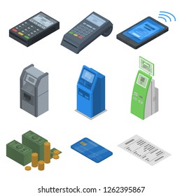 Bank card reader icon set. Isometric set of bank card reader vector icons for web design isolated on white background