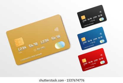 Bank card realistic mockup set - gold, black, blue and red credit or debit cards with blank copy space isolated on white background. Vector illustration.
