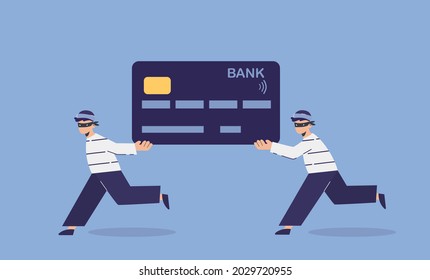 Bank card scamming and theft. Concept flat illustration of online fraud of bank credit cards by scammers and hackers.   Importance of secure payments.
