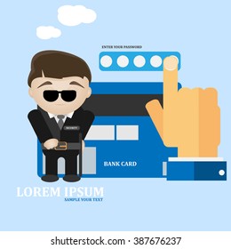 Bank card secure and protect concept vector illustration. Guard man and card vector template.