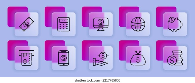Bank card set icon. Credit card, debit card, terminal, chuck, payment, transaction, money, dollar. Contactless payment concept. Glassmorphism style. Vector line icon for Business and Advertising