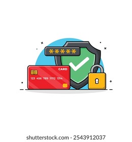 Bank Card with Shield and Lock Vector Illustration. Card Security Concept Design