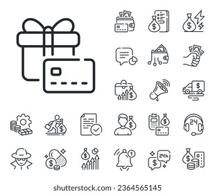 Bank card sign. Cash money, loan and mortgage outline icons. Gift card line icon. Present box symbol. Gift card line sign. Credit card, crypto wallet icon. Inflation, job salary. Vector