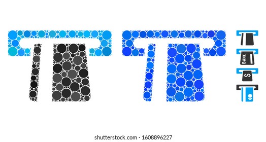 Bank card terminal composition of circle elements in variable sizes and shades, based on bank card terminal icon. Vector circle elements are combined into blue composition.
