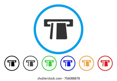 Bank Card Terminal vector rounded icon. Image style is a flat gray icon symbol inside a blue circle. Additional color versions are gray, black, blue, green, red, orange.