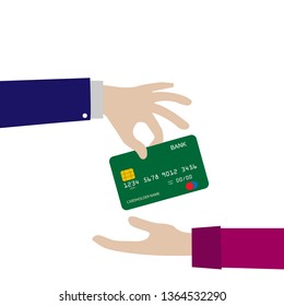 Bank card is transferred from hand to hand. Payment instrument, simple design