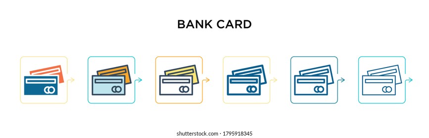Bank card vector icon in 6 different modern styles. Black, two colored bank card icons designed in filled, outline, line and stroke style. Vector illustration can be used for web, mobile, ui