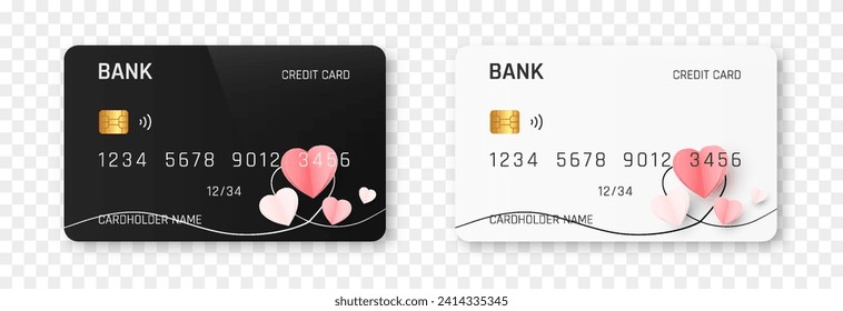 Bank card vector template png. Bank card with a design for Valentine's Day. Plastic bank card png.