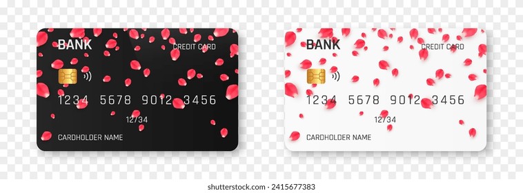 Bank card vector template png. Bank card with rose or sakura petals design. Plastic bank card png.