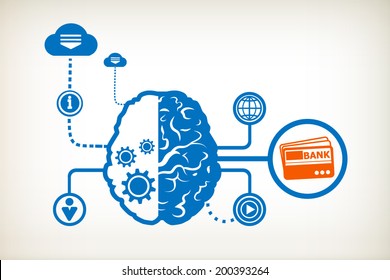 Bank cards and abstract human brain, the concept of the information movement