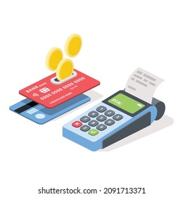 Bank cards, cash register card reader. Vector 3d line isometric, color web icons, new flat style. Creative design idea for infographics.