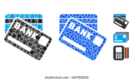 Bank cards composition of round dots in various sizes and color hues, based on bank cards icon. Vector dots are combined into blue collage. Dotted bank cards icon in usual and blue versions.