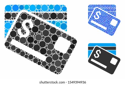 Bank cards composition of small circles in variable sizes and color tinges, based on bank cards icon. Vector random circles are combined into blue composition.