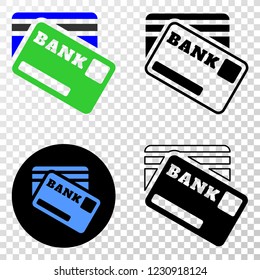 Bank cards EPS vector icon with contour, black and colored versions. Illustration style is flat iconic symbol on chess transparent background.