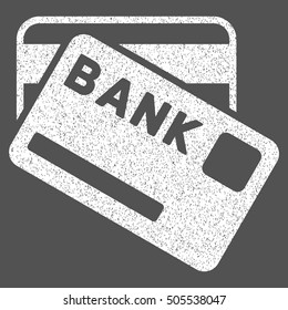 Bank Cards grainy textured icon for overlay watermark stamps. Flat symbol with dirty texture. Dotted vector white ink rubber seal stamp with grunge design on a gray background.