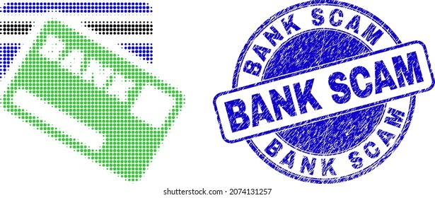 Bank cards halftone dotted icon with Bank Scam seal. Blue vector round distress seal with Bank Scam title inside round form. Halftone bank cards icon pattern contains circle points.