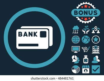 Bank Cards icon with bonus elements. Vector illustration style is flat iconic bicolor symbols, blue and white colors, dark blue background.