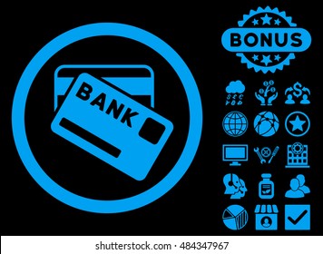 Bank Cards icon with bonus pictogram. Vector illustration style is flat iconic symbols, blue color, black background.