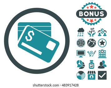 Bank Cards icon with bonus pictures. Vector illustration style is flat iconic bicolor symbols, soft blue colors, white background.