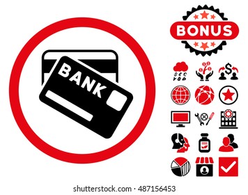 Bank Cards icon with bonus symbols. Vector illustration style is flat iconic bicolor symbols, intensive red and black colors, white background.