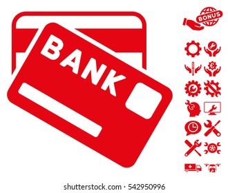 Bank Cards icon with bonus tools design elements. Vector illustration style is flat iconic symbols, red color, white background.