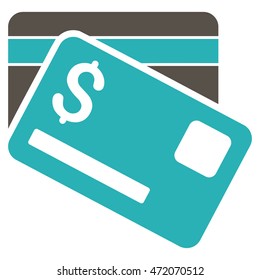 Bank Cards icon. Vector style is bicolor flat iconic symbol with rounded angles, grey and cyan colors, white background.