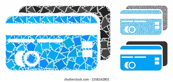 Bank cards mosaic of irregular items in variable sizes and color hues, based on bank cards icon. Vector unequal parts are combined into collage. Bank cards icons collage with dotted pattern.