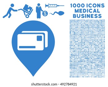 Bank Cards Pointer icon with 1000 medical commerce cobalt vector pictograms. Clipart style is flat symbols, white background.