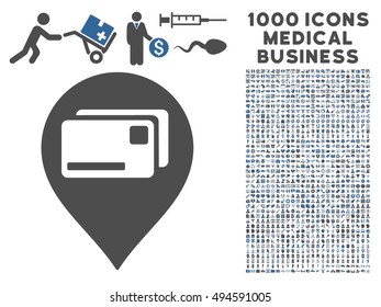 Bank Cards Pointer icon with 1000 medical commerce cobalt and gray vector design elements. Design style is flat bicolor symbols, white background.