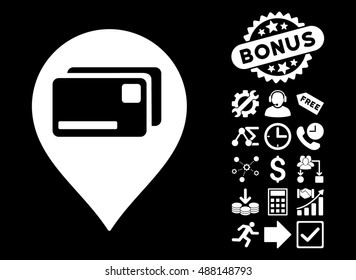 Bank Cards Pointer icon with bonus pictograph collection. Vector illustration style is flat iconic symbols, white color, black background.