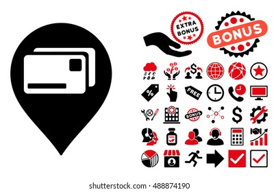 Bank Cards Pointer icon with bonus pictograph collection. Vector illustration style is flat iconic bicolor symbols, intensive red and black colors, white background.