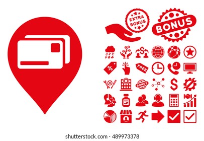 Bank Cards Pointer icon with bonus clip art. Vector illustration style is flat iconic symbols, red color, white background.