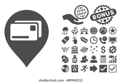 Bank Cards Pointer pictograph with bonus pictures. Vector illustration style is flat iconic symbols, gray color, white background.