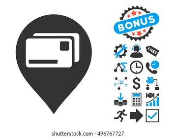 Bank Cards Pointer pictograph with bonus icon set. Vector illustration style is flat iconic bicolor symbols, blue and gray colors, white background.