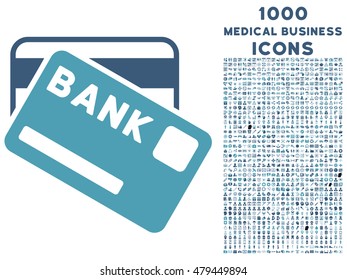 Bank Cards vector bicolor icon with 1000 medical business icons. Set style is flat pictograms, cyan and blue colors, white background.