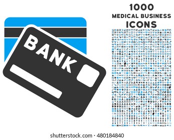 Bank Cards vector bicolor icon with 1000 medical business icons. Set style is flat pictograms, blue and gray colors, white background.
