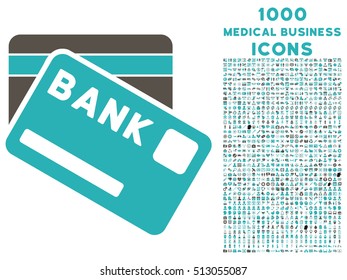 Bank Cards vector bicolor icon with 1000 medical business icons. Set style is flat pictograms, grey and cyan colors, white background.