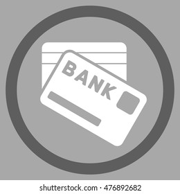 Bank Cards vector bicolor rounded icon. Image style is a flat icon symbol inside a circle, dark gray and white colors, silver background.