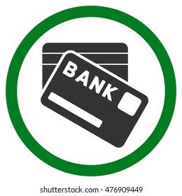 Bank Cards vector bicolor rounded icon. Image style is a flat icon symbol inside a circle, green and gray colors, white background.