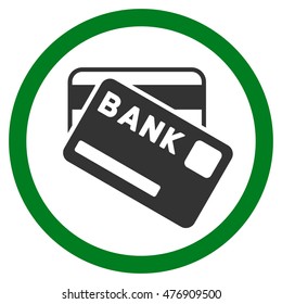 Bank Cards vector bicolor rounded icon. Image style is a flat icon symbol inside a circle, green and gray colors, white background.