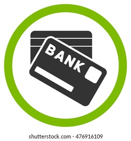 Bank Cards vector bicolor rounded icon. Image style is a flat icon symbol inside a circle, eco green and gray colors, white background.