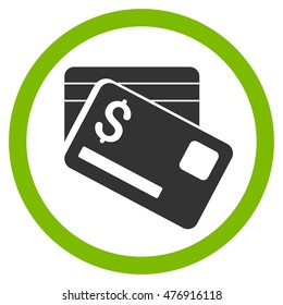 Bank Cards vector bicolor rounded icon. Image style is a flat icon symbol inside a circle, eco green and gray colors, white background.