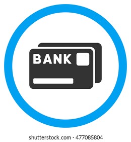 Bank Cards vector bicolor rounded icon. Image style is a flat icon symbol inside a circle, blue and gray colors, white background.