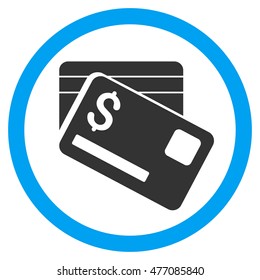 Bank Cards vector bicolor rounded icon. Image style is a flat icon symbol inside a circle, blue and gray colors, white background.