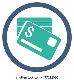 Bank Cards vector bicolor rounded icon. Image style is a flat icon symbol inside a circle, cobalt and cyan colors, white background.