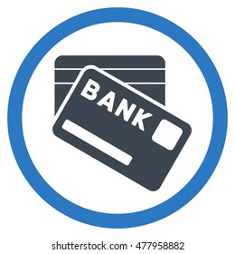 Bank Cards vector bicolor rounded icon. Image style is a flat icon symbol inside a circle, smooth blue colors, white background.