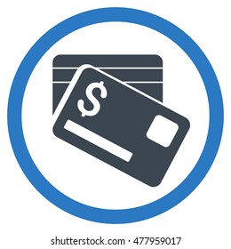 Bank Cards vector bicolor rounded icon. Image style is a flat icon symbol inside a circle, smooth blue colors, white background.
