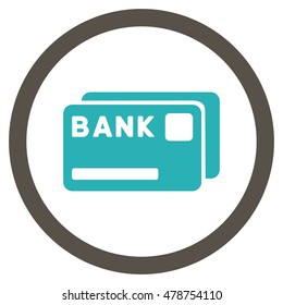 Bank Cards vector bicolor rounded icon. Image style is a flat icon symbol inside a circle, grey and cyan colors, white background.