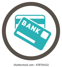 Bank Cards vector bicolor rounded icon. Image style is a flat icon symbol inside a circle, grey and cyan colors, white background.